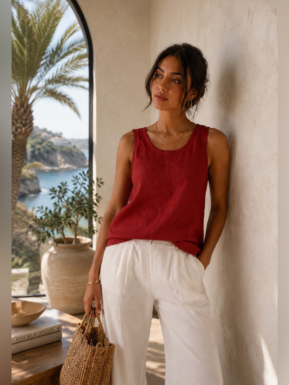 🇬🇧 Linen Blend Red Tank Top – Size 38 / M